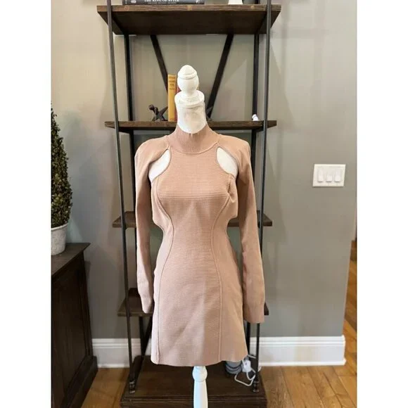 HERVE LEGER Ottoman Cutout Long Sleeve Minidress Fawn Womens Size Large - Picture 6 of 13